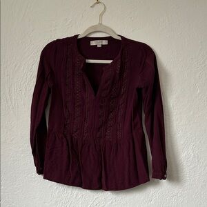 LOFT Plum Long Sleeve Lace-Trim Peplum Tunic